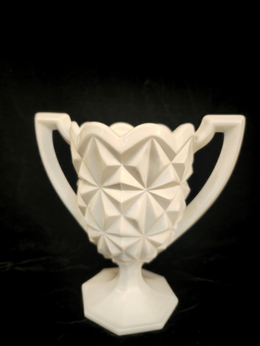 Vintage White Milk Glass Trophy Vase With Geometric Diamond Pattern & Dual Handl